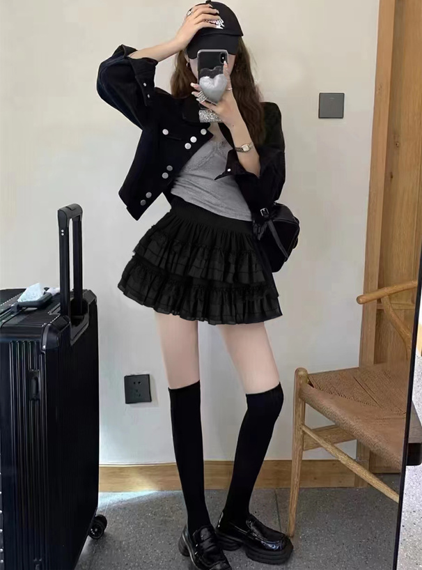 インパン裏地付きレースフリルティアードミニスカート