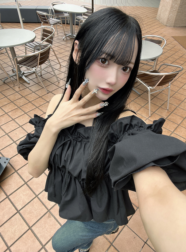 オフショルバルーンスリーブリボンブラウス