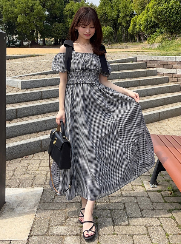 ギンガムチェック柄ショルダーリボンワンピース[tu1670 ギンガムチェック柄ショルダーリボンワンピース[tu1670