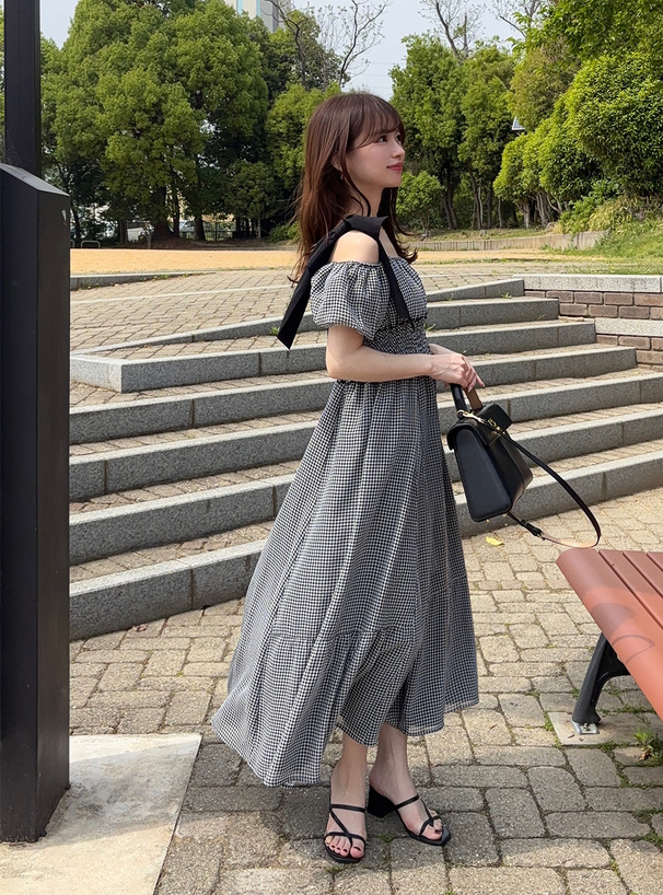 ギンガムチェック柄ショルダーリボンワンピース[tu1670 ギンガムチェック柄ショルダーリボンワンピース[tu1670