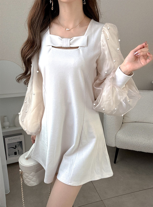 パールシアースリーブリボンミニワンピース