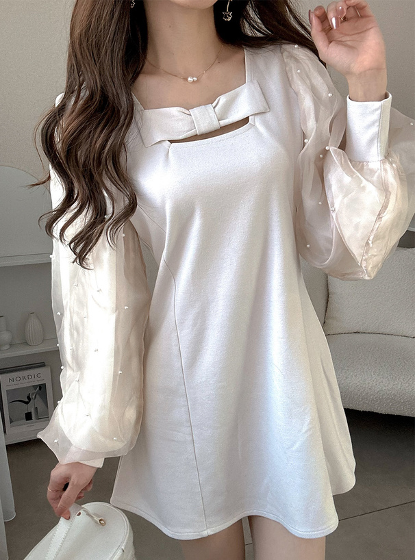 パールシアースリーブリボンミニワンピース