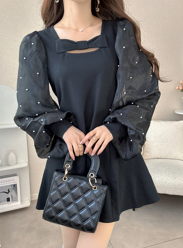 パールシアースリーブリボンミニワンピース