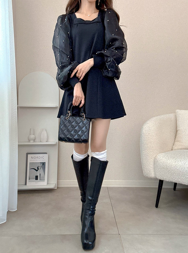 パールシアースリーブリボンミニワンピース