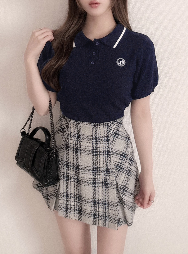 配色ラインポロニットトップス