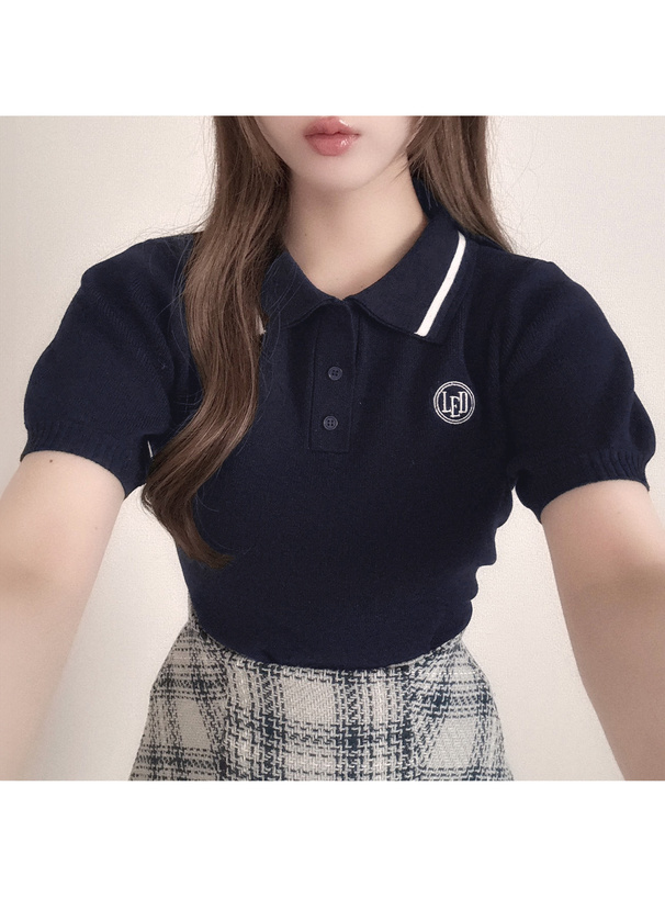 配色ラインポロニットトップス