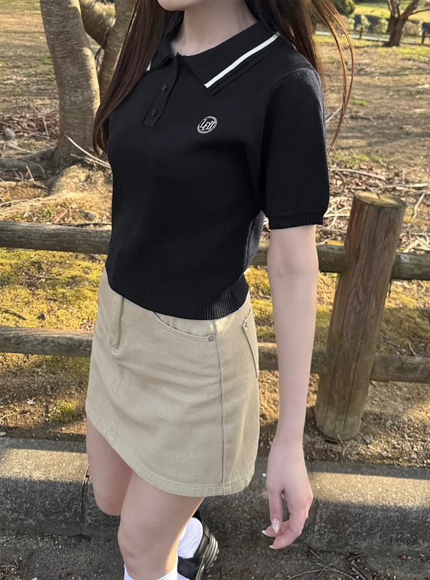 配色ラインポロニットトップス