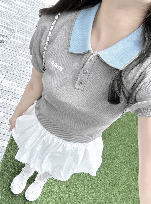 ロゴ刺繍配色ポロニットトップス