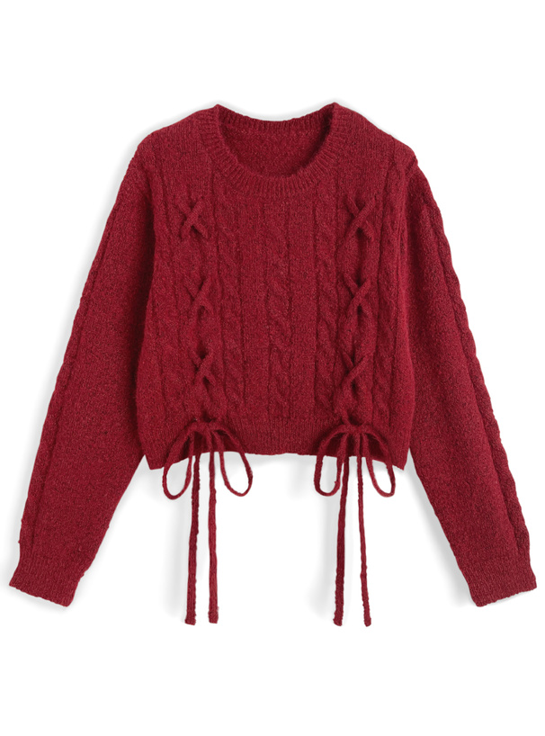 レースアップリボンケーブルニットトップス[tu1688]