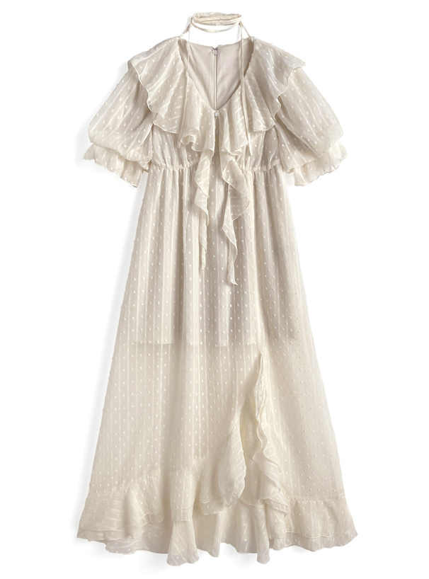 シアードビードットフリルスリットワンピース[tu1704] | レディース