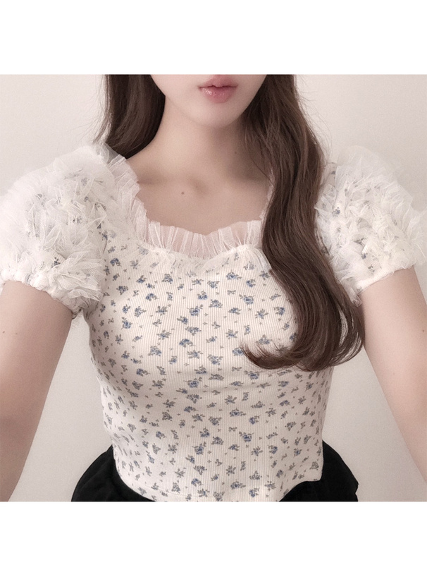 チュールフリル花柄ショート丈トップス