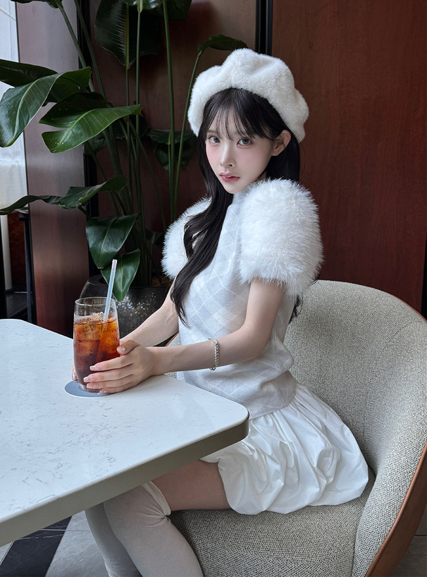 アーガイルチェック柄ファースリーブニットトップス[tu1713