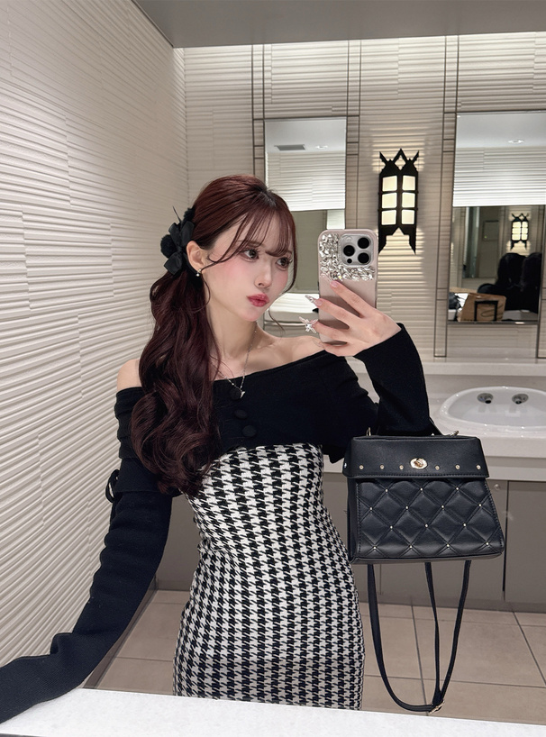 千鳥柄オフショルダーリボンミニワンピース