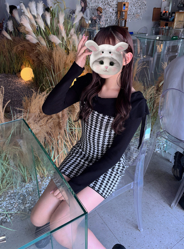 千鳥柄オフショルダーリボンミニワンピース