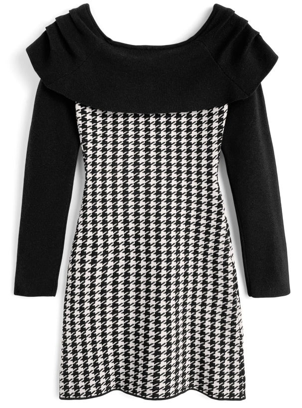 千鳥柄オフショルダーリボンミニワンピース