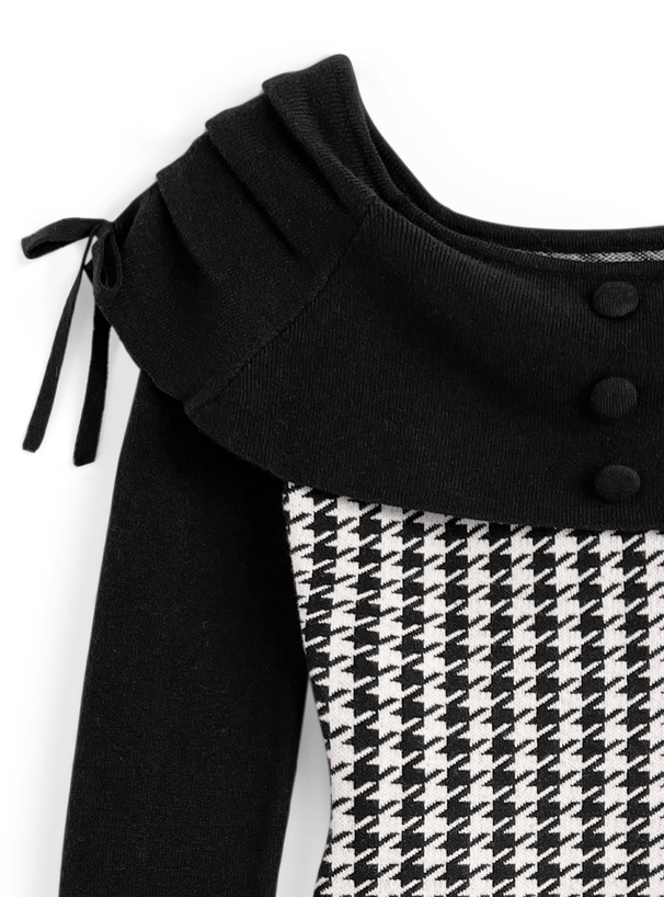 千鳥柄オフショルダーリボンミニワンピース