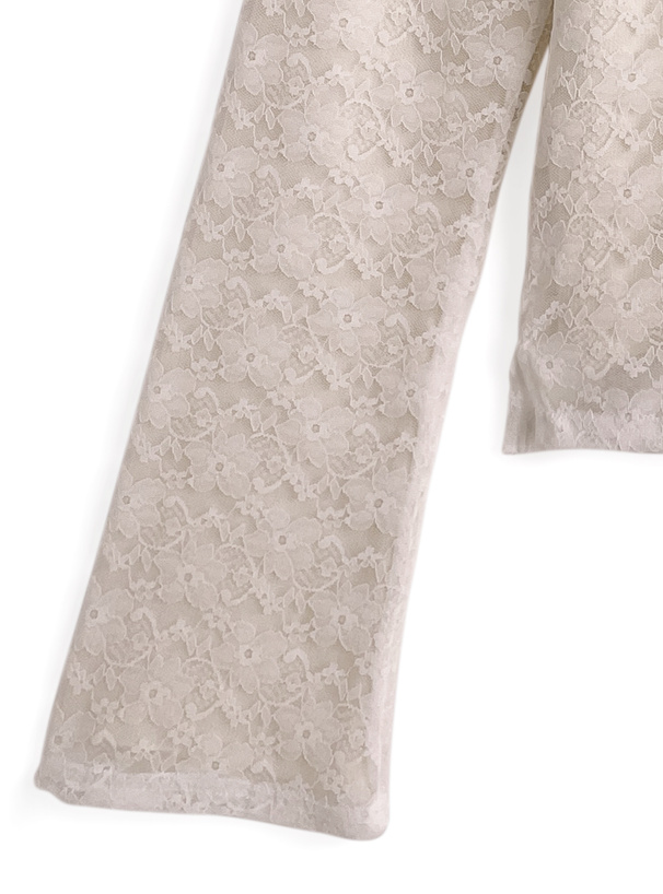 レースレイヤードリボンオフショルダーリブニットトップス