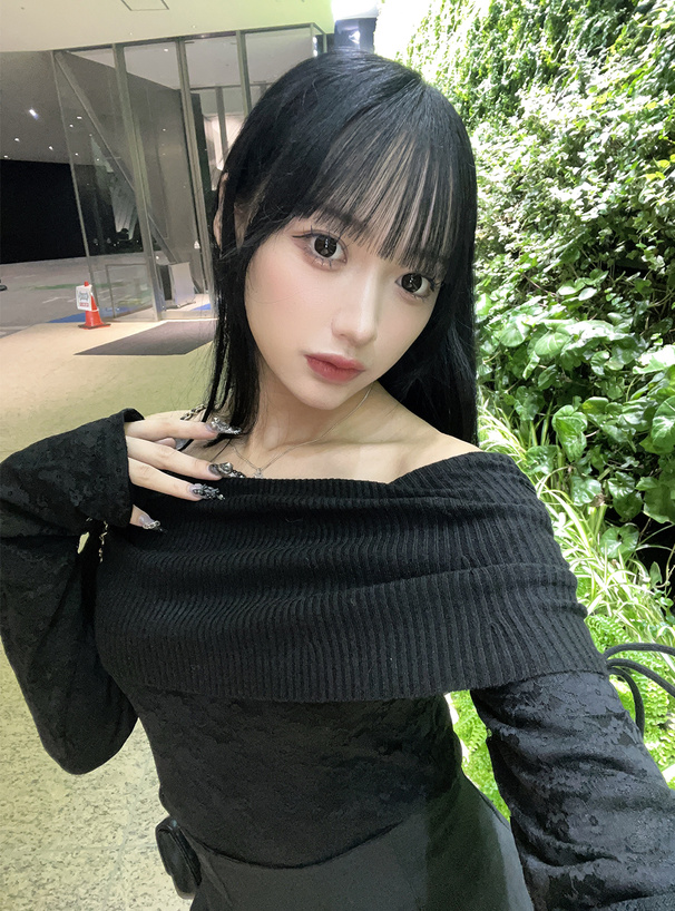 レースレイヤードリボンオフショルダーリブニットトップス