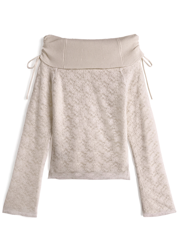 レースレイヤードリボンオフショルダーリブニットトップス