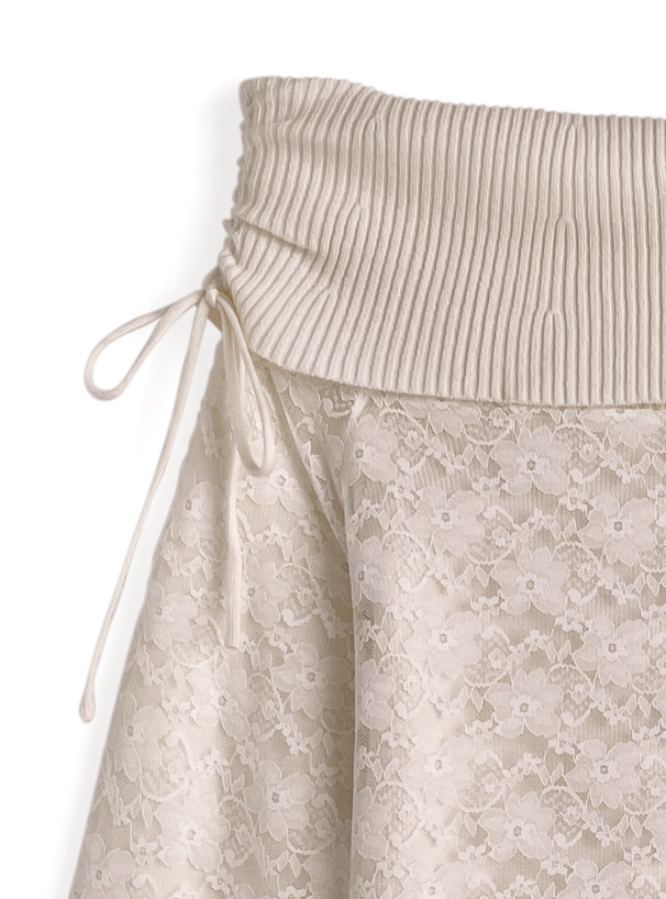 レースレイヤードリボンオフショルダーリブニットトップス