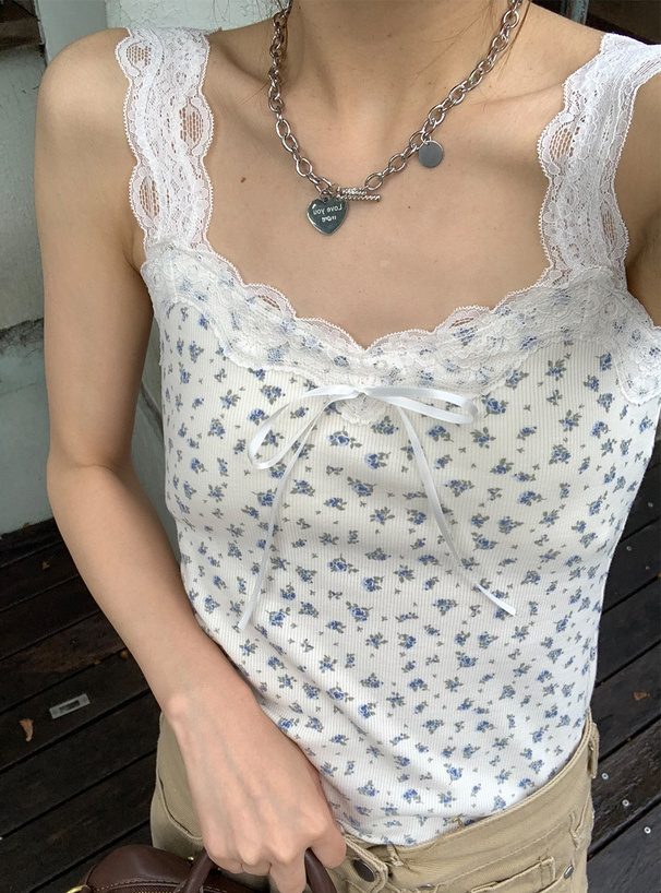パッド付き花柄レースリボンタンクトップ