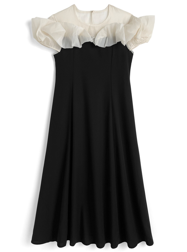 オーガンジーフリル切替フレアワンピース[tu1745]