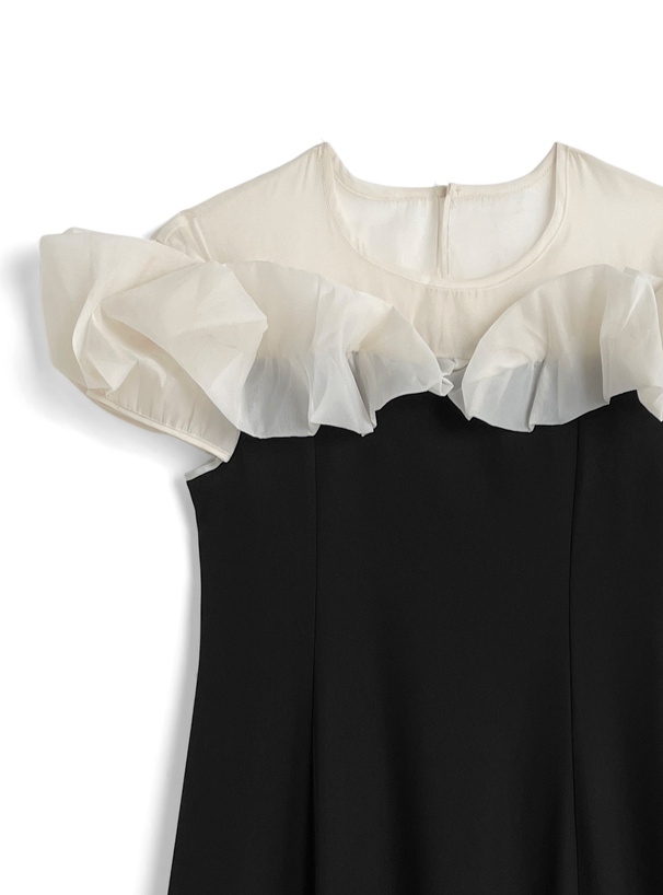 オーガンジーフリル切替フレアワンピース