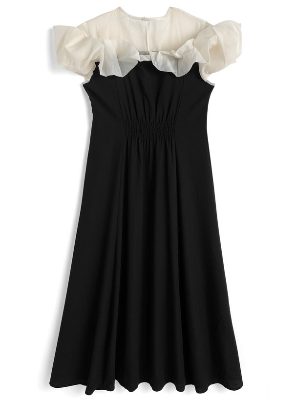 オーガンジーフリル切替フレアワンピース