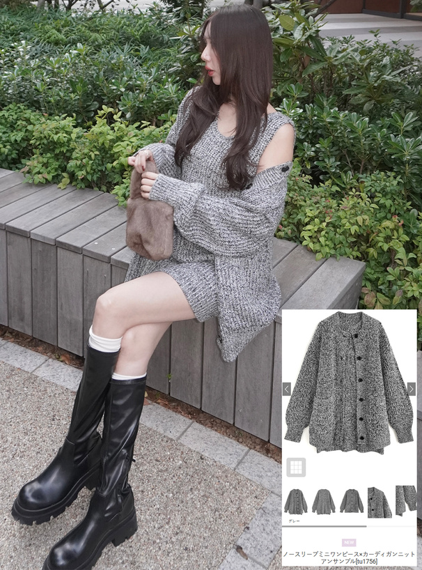 ノースリーブミニワンピース×カーディガンニットアンサンブル