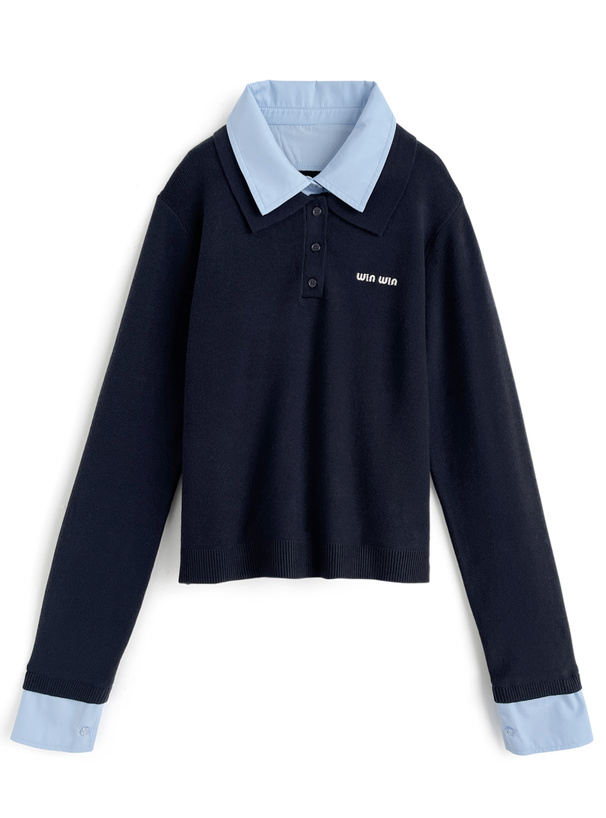 襟付きロゴ刺繍ニットトップス