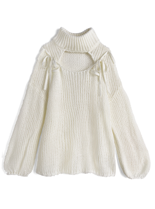 デコルテオープンタートルネックリボンニットトップス[tu1763