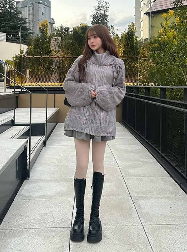 デコルテオープンタートルネックリボンニットトップス[tu1763