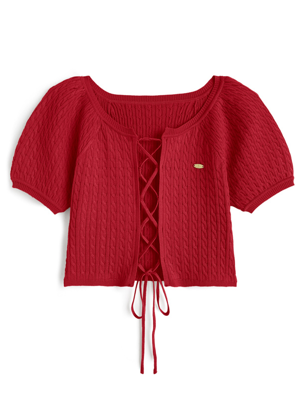 レースアップケーブル編みニットトップス
