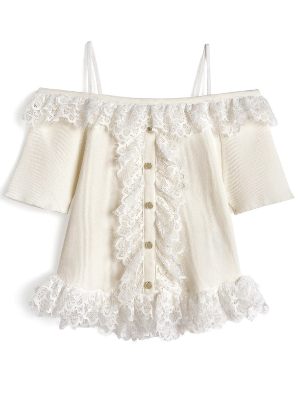 オフショルダーレースリブニットトップス