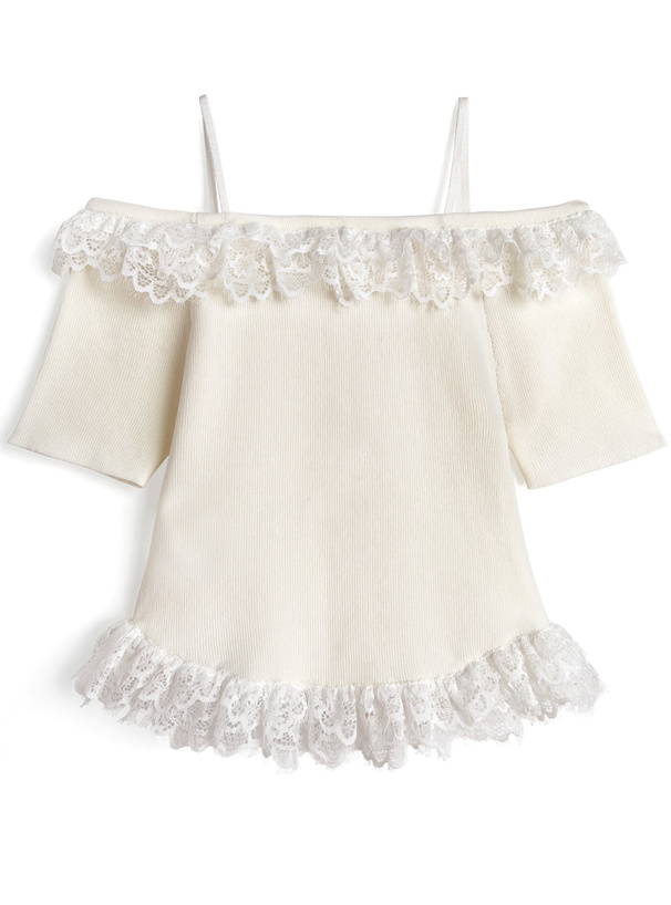 オフショルダーレースリブニットトップス