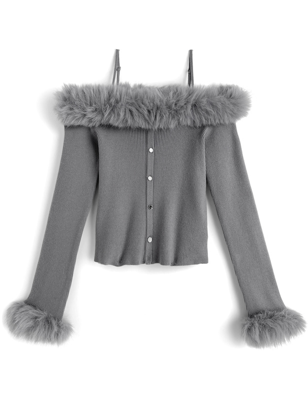 ファーオフショルダーニットトップス