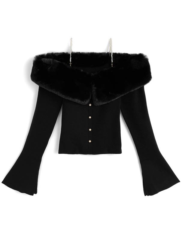 パールストラップ付きファーオフショルダーニットトップス