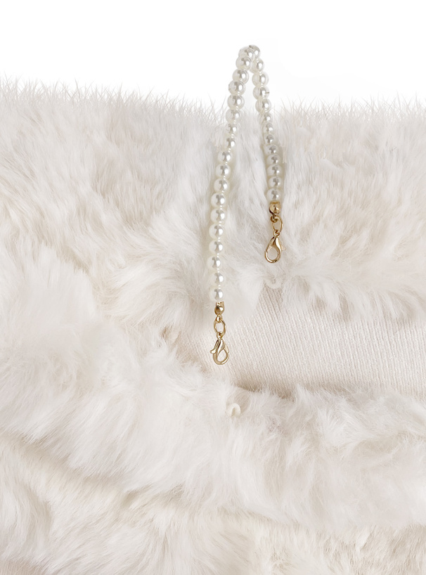 パールストラップ付きファーオフショルダーニットトップス