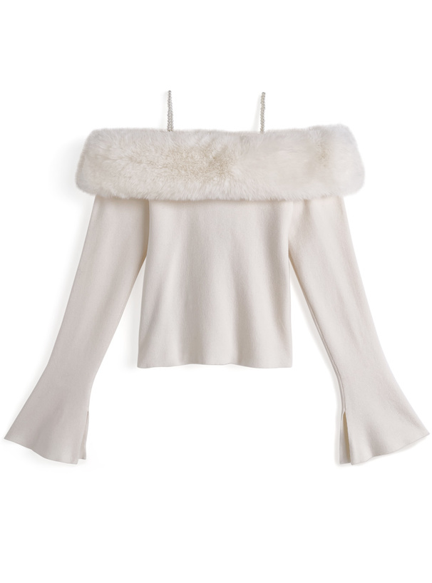 パールストラップ付きファーオフショルダーニットトップス