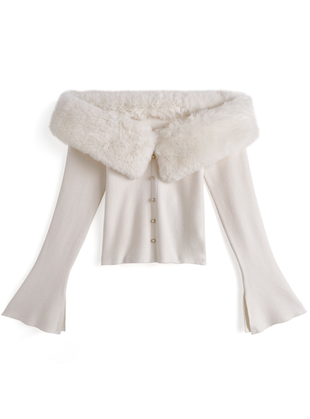 パールストラップ付きファーオフショルダーニットトップス