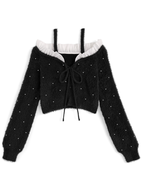 2Wayストラップ付きオフショルダーパールシャギーニットカーディガン