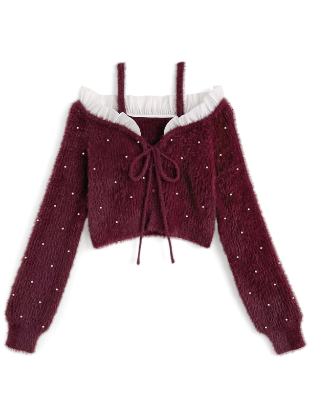 2Wayストラップ付きオフショルダーパールシャギーニットカーディガン[tu1777]