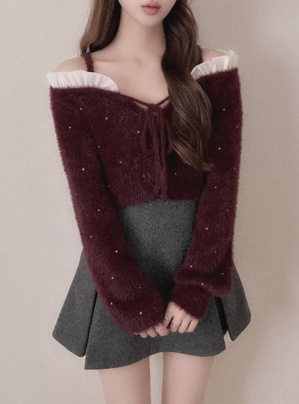 2Wayストラップ付きオフショルダーパールシャギーニットカーディガン