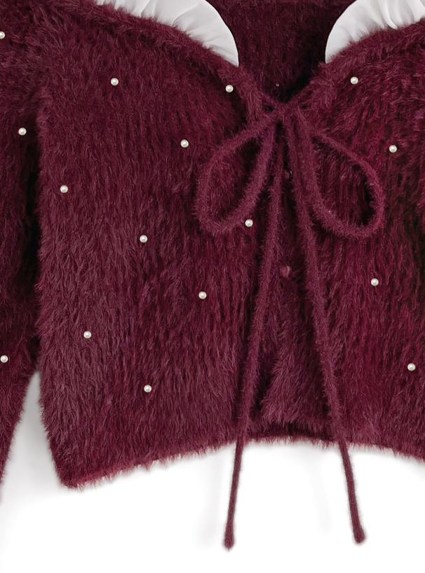 2Wayストラップ付きオフショルダーパールシャギーニットカーディガン