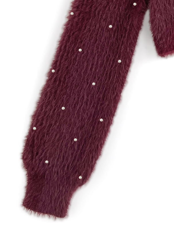 2Wayストラップ付きオフショルダーパールシャギーニットカーディガン