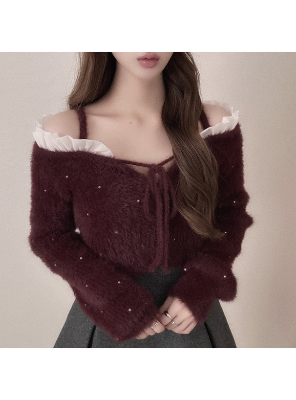 2Wayストラップ付きオフショルダーパールシャギーニットカーディガン