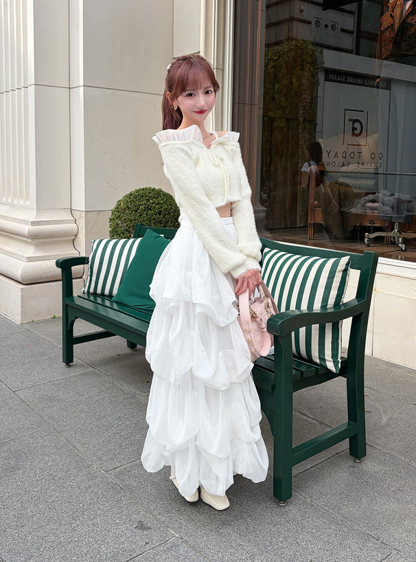 2Wayストラップ付きオフショルダーパールシャギーニットカーディガン