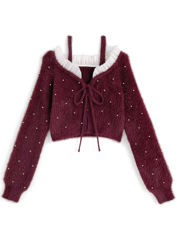 2Wayストラップ付きオフショルダーパールシャギーニットカーディガン