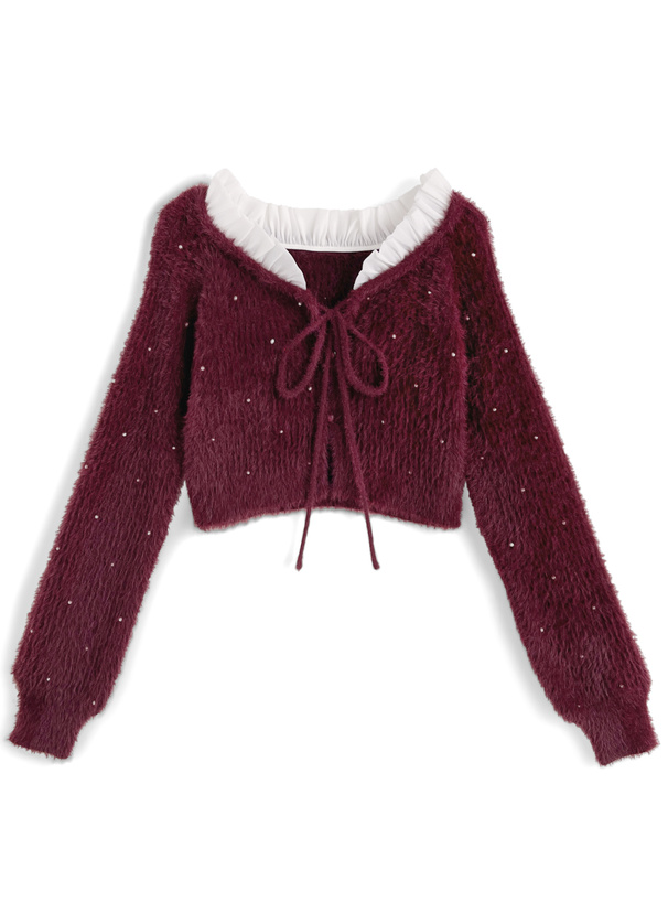 2Wayストラップ付きオフショルダーパールシャギーニットカーディガン