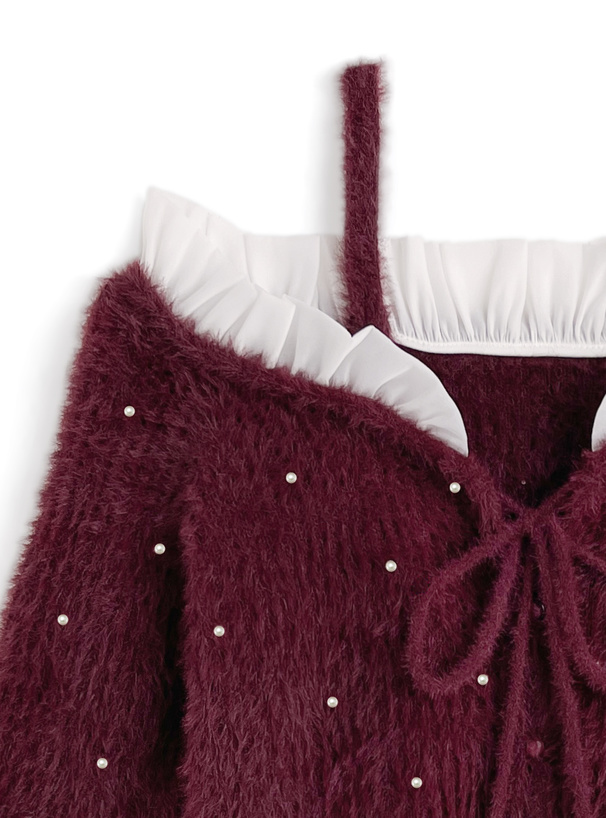 2Wayストラップ付きオフショルダーパールシャギーニットカーディガン